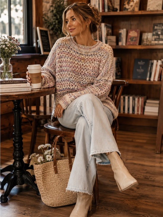 Anthropologie Sweaters - Anthropologie Chunky Open Knit Sweater Pastel Marled Boho Cottagecore Cozy
